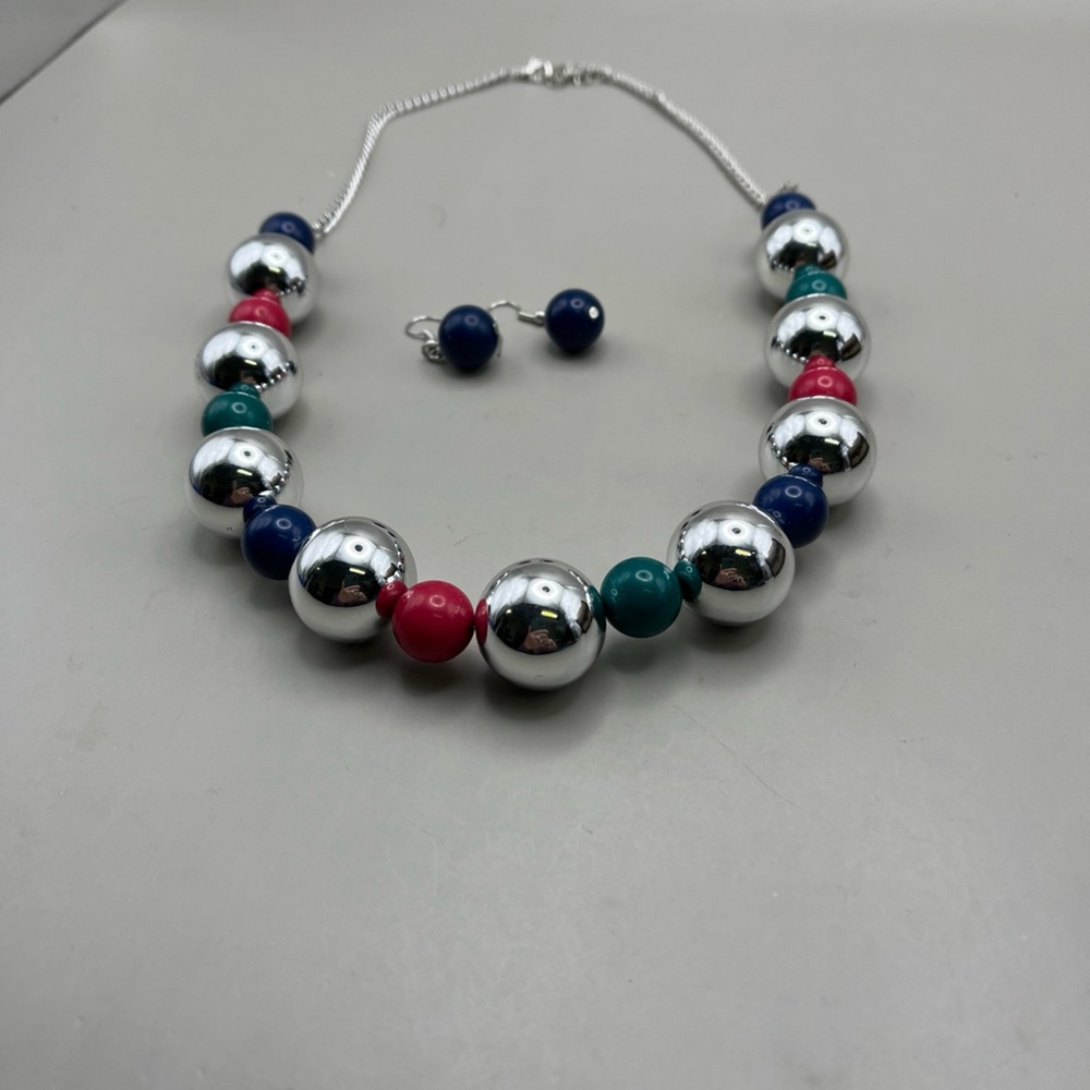 Silver and Multicolor Beaded Necklace and Earring Set